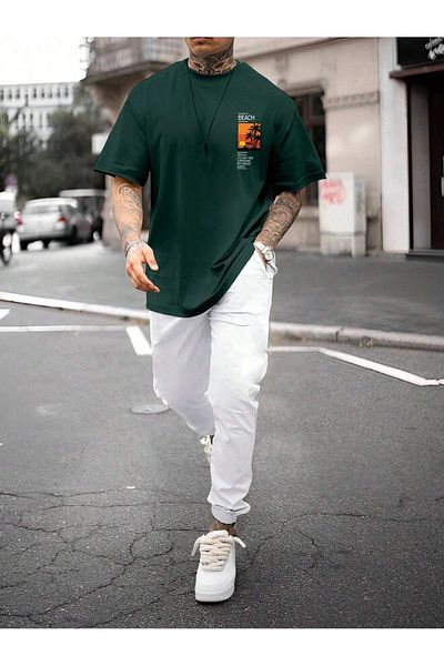 DUBU BUTİK Μπλουζάκι παραλίας Sweatpants Jogger - Nefti Πράσινο Λευκό Σετ φόρμας με στάμπα Oversize Crew Neck