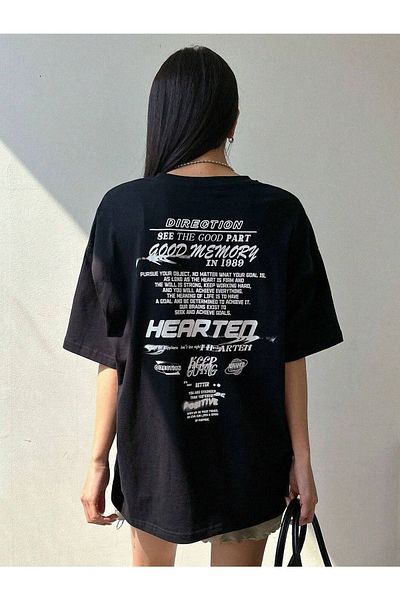 DUBU BUTİK Hearten T-shirt - Black Printed Oversize Crew Neck Short Sleeve T-Shirt