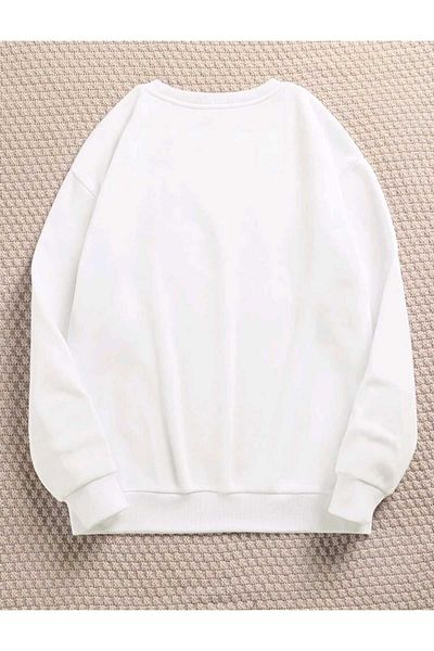 DUBU BUTİK Pocket Design Daisy Pattern Sweatshirt - White Printed Oversize Thick Winter Crew Neck