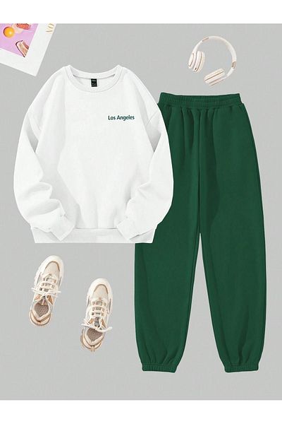 VBSVİBES Alb Verde CREW NECK Combinație de jos Top Set de trening LOS ANGLES