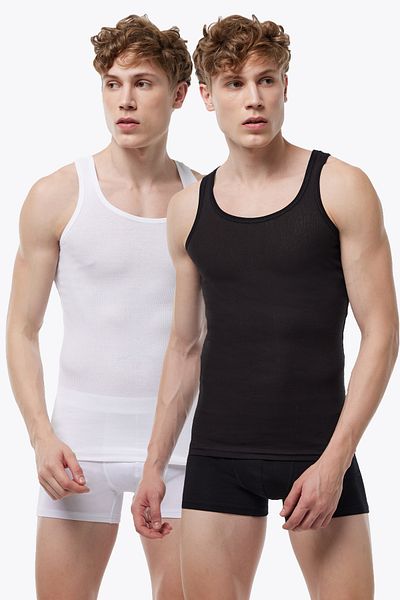 Malabadi Men's 2-Pack Black White 100% Cotton Summer Mesh Undershirt 2m081