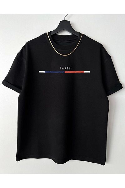 DUBU BUTİK Μπλουζάκι Paris Stripe Detail - Μαύρο εμπριμέ κοντό μανίκι με λαιμόκοψη
