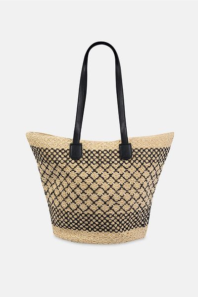Dagi Ecru-Black Women's Quadrilateral Patterned Straw Beach Bag