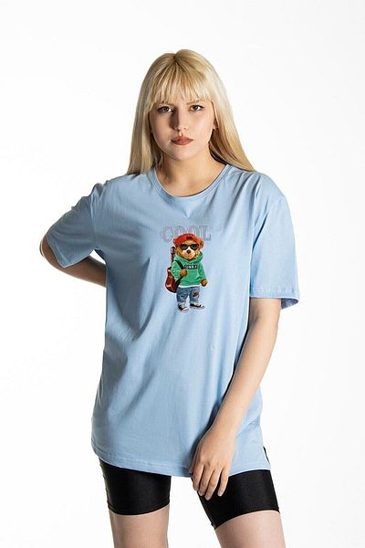 DUBU BUTİK Cool Bear T-shirt - Μπλουζάκι με κοντό μανίκι με λαιμόκοψη σε γαλάζιο στάμπα