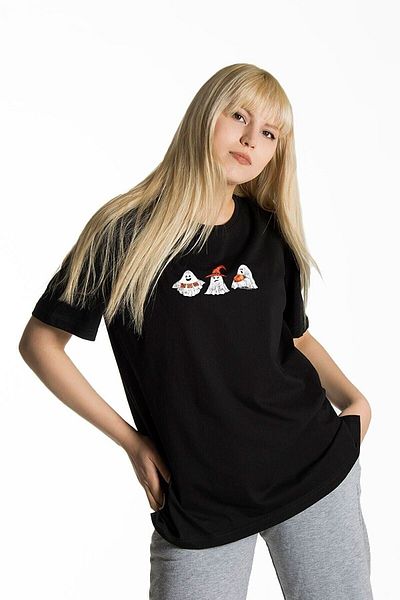 DUBU BUTİK Ghost T-shirt - Black Printed Oversize Crew Neck Short Sleeve T-Shirt