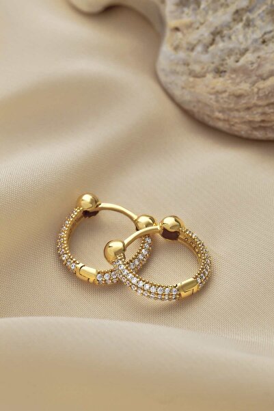 Cenova Jewelry 14 Ayar Altın Taşlı Minimal Kadın Halka Küpe