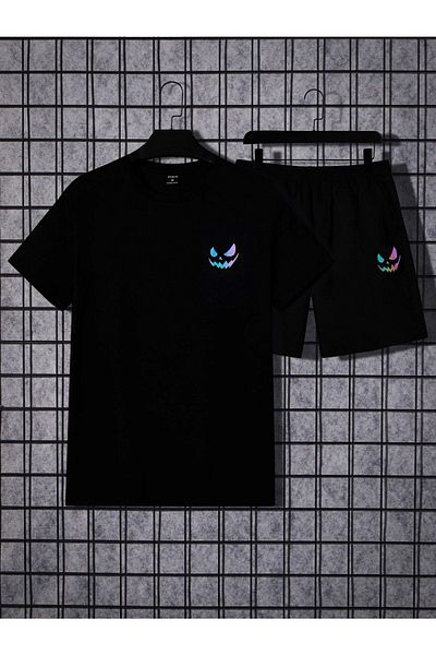 DUBU BUTİK Monster Face T-shirt Shorts - Black Bottom Top Combination Shorts T-shirt Set Printed Oversize Crew Neck