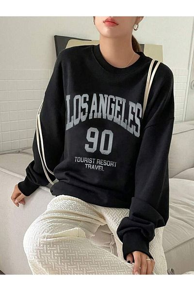 DUBU BUTİK Los Angeles 90 Sweatshirt - Black Printed Oversize Crew Neck