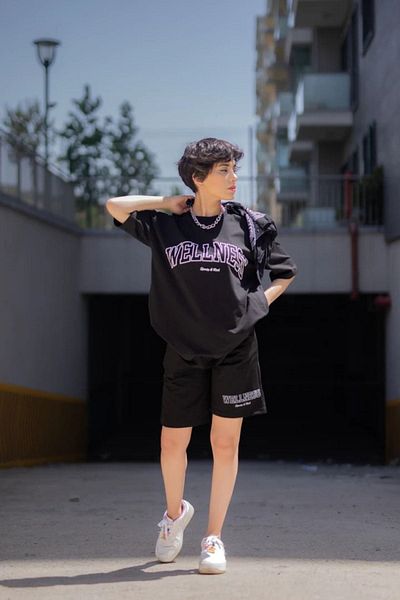 DUBU BUTİK Welness T-shirt Shorts - Black Bottom Top Combination Shorts T-shirt Set Printed Oversize Crew Neck