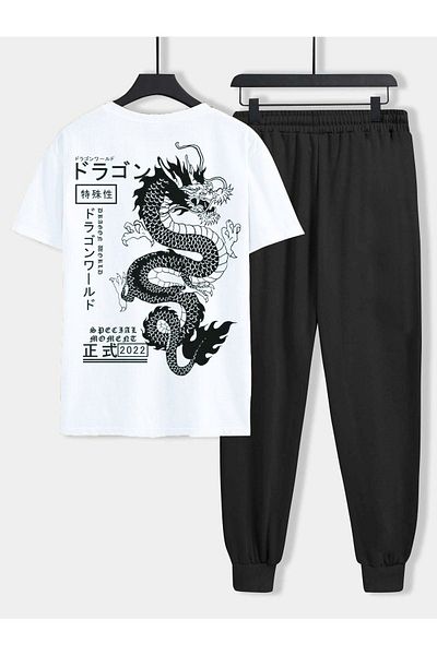 DUBU BUTİK Dragon White T-shirt Μαύρο Φούτερ Jogger Oversize Cycling Yak Σετ