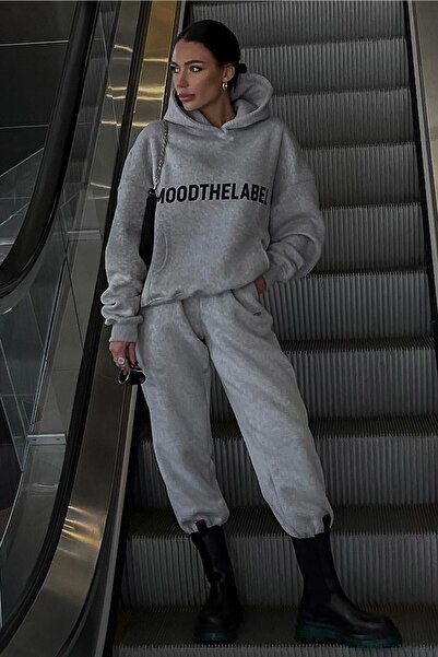 DUBU BUTİK Mood The Label Kışlık Eşofman Takımı - Gri Baskılı Kapüşonlu Oversize Şardonlu