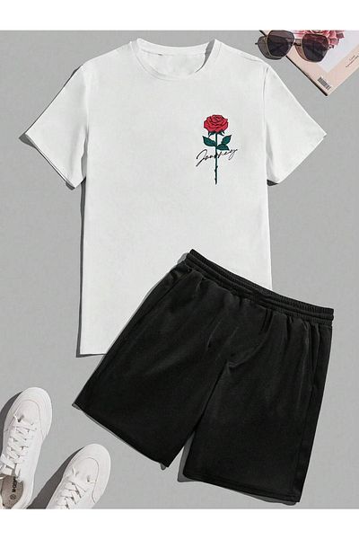 DUBU BUTİK Rose Letter T-shirt Shorts - White Black Bottom Top Set Shorts T-shirt Combination Printed Crew Neck
