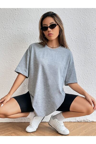 DUBU BUTİK Plain Basic T-Shirt - Gray Oversize Crew Neck Short Sleeve