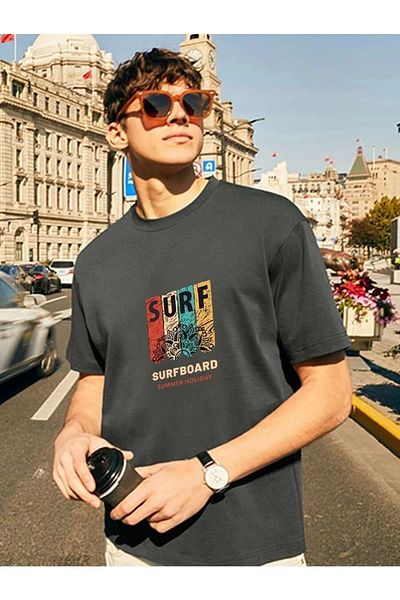 DUBU BUTİK Unisex Smoked Cotton Oversize T-shirt Surf Printed