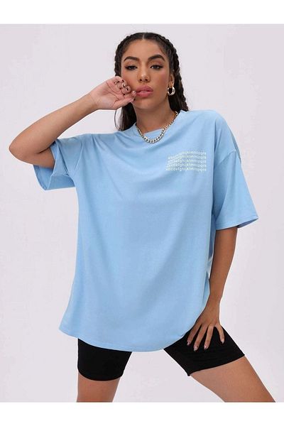 DUBU BUTİK Alphabet T-Shirt - Baby Blue Printed Oversize Crew Neck Short Sleeve