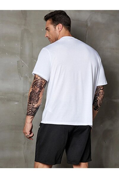 DUBU BUTİK Freedom Guler Tricou Pantaloni scurți - Alb Negru Partea de jos Top Set Pantaloni scurți Combinație de tricou cu imprimeu decolteu