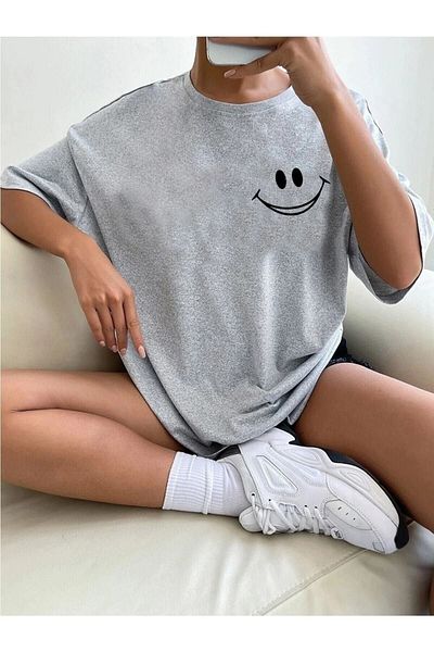 DUBU BUTİK Smile Graphic T-shirt - Gray Printed Oversize Crew Neck Short Sleeve T-Shirt