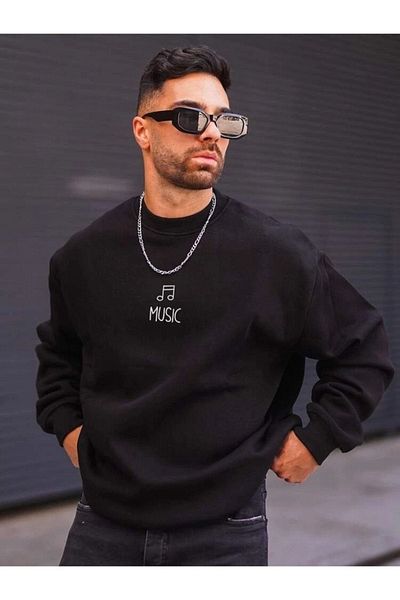 DUBU BUTİK Unisex Oversize Music Print Crew Neck Black Sweatshirt