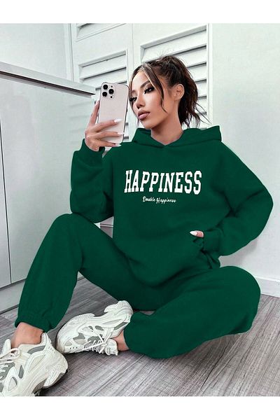 DUBU BUTİK طقم بدلة رياضية بغطاء للرأس مقاس كبير من Happiness - سويت شيرت مطبوع عليه Nefti وJogger