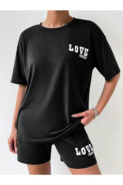 DUBU BUTİK Love Yourself T-shirt Σορτς - Μαύρο κάτω επάνω συνδυασμένο σορτς T-shirt Σετ με στάμπα Oversize Crew Neck