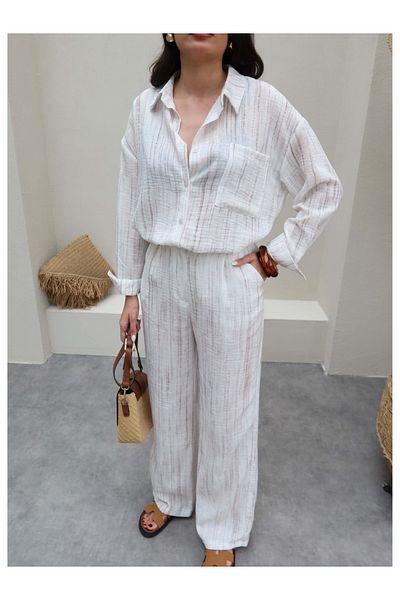 ESRAHELVACI Line Patterned Linen Shirt Pants Set