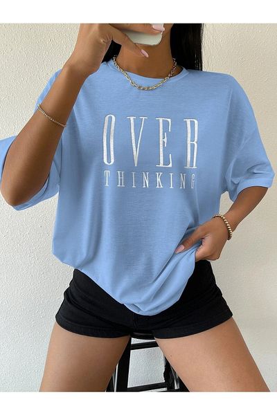 DUBU BUTİK Over Thinking T-shirt - Baby Blue Printed Oversize Crew Neck T-shirt με κοντό μανίκι