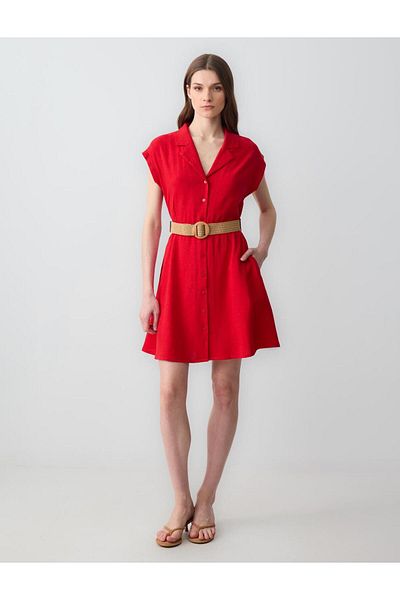Jimmy Key Red Short Sleeve Shirt Collar Linen Mini Dress with Belt Detail
