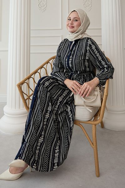 InStyle Colorful Patch Patterned Navy Blue Viscose Dress