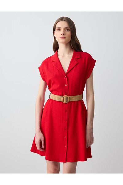 Jimmy Key Red Short Sleeve Shirt Collar Linen Mini Dress with Belt Detail