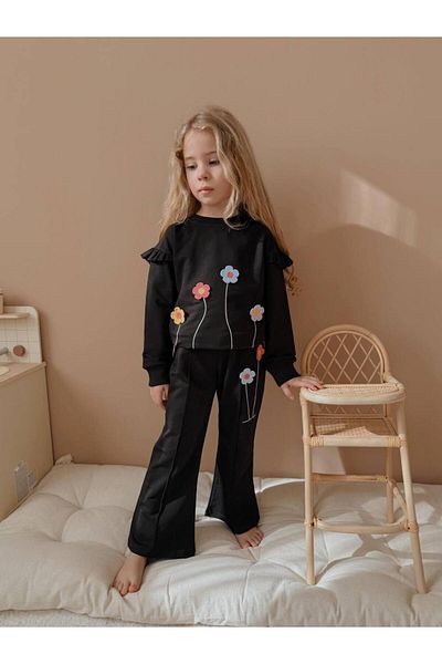 YİGİT BUTİK Floral Embroidered Ruffled Girl's Bottom and Top Set