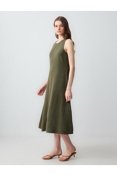 Jimmy Key Rochie midi din in, fără mâneci, cu decolteu rotund, kaki