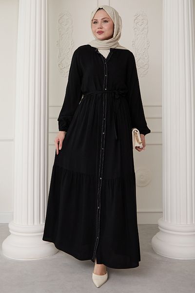 InStyle Μαύρο φόρεμα βισκόζης με πουά μπροστά