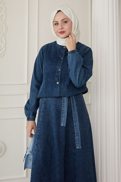 InStyle Costum de blugi albastru cu jachetă elastică în talie