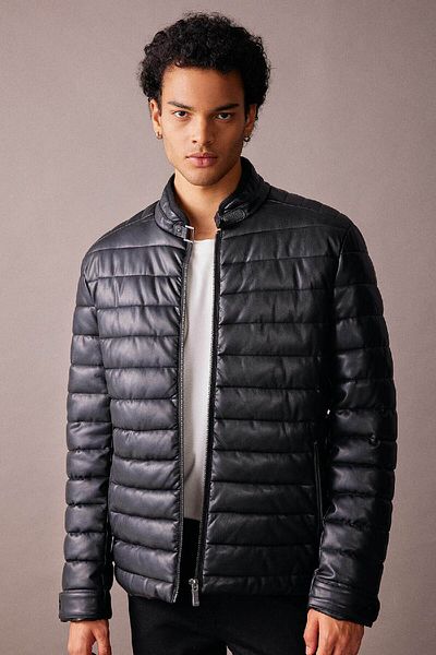 DeFacto Plush Lined Zippered Faux Leather Puffer Jacket - Slim Fit, Stand Collar Y3688Az23Wn