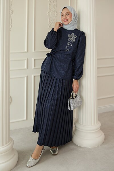 InStyle Navy Blue Suit with Leopard Patterned Jacquard Skirt