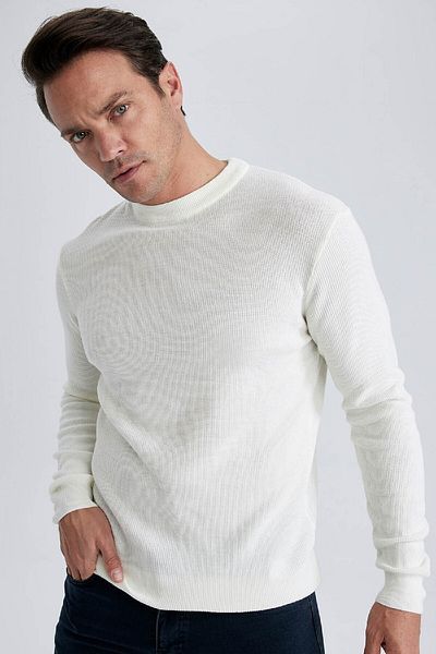 DeFacto Standard-Passform, normaler Schnitt, Rundhalsausschnitt, Muline-Muster, Strickpullover A5181ax23au