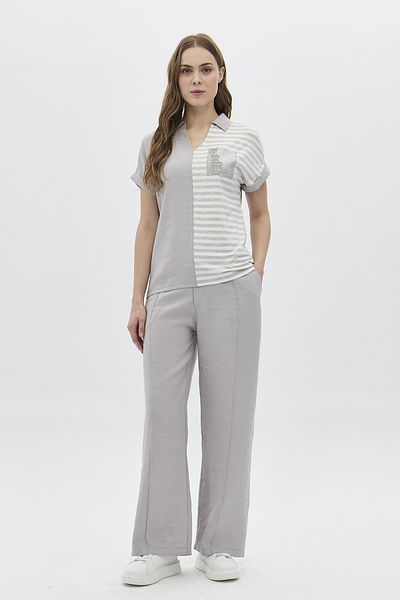 DAIDO Women's Polo Neck Stone Ornamental Pocket Detailed Low Sleeve Blouse 5803 Gray