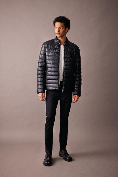 DeFacto Plush Lined Zippered Faux Leather Puffer Jacket - Slim Fit, Stand Collar Y3688Az23Wn