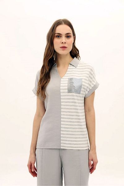 DAIDO Women's Polo Neck Stone Ornamental Pocket Detailed Low Sleeve Blouse 5803 Gray