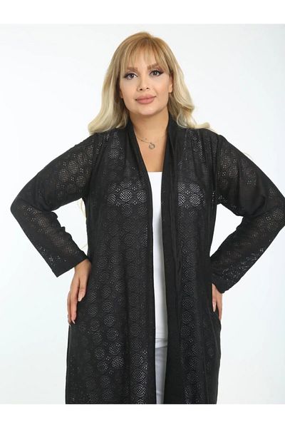 MODA Black Long Stretchy Mesh Plus Size Cardigan