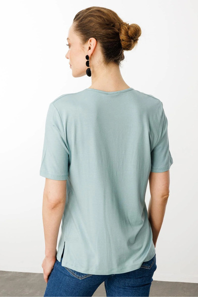 Desen Triko Γυναικεία Βαμβακερή Μπλούζα με Κέντημα με Ανοιχτό Γιακά 25701 Μέντα