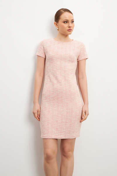 Trendseninle Women's Pink Tweed Short Sleeve Mini Dress