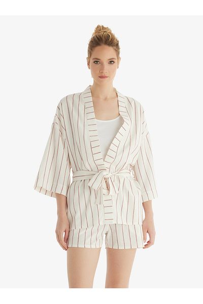 Blackspade Three Piece Burgundy Striped Bridal Kimono, Sling T-Shirt and Short Set