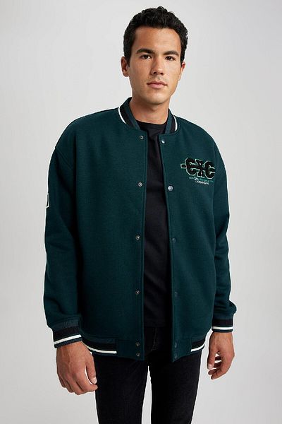 DeFacto Soft Furry Bomber Cardigan with College Collar Back Print - Wide Fit, Snap Closure, Double Pockets