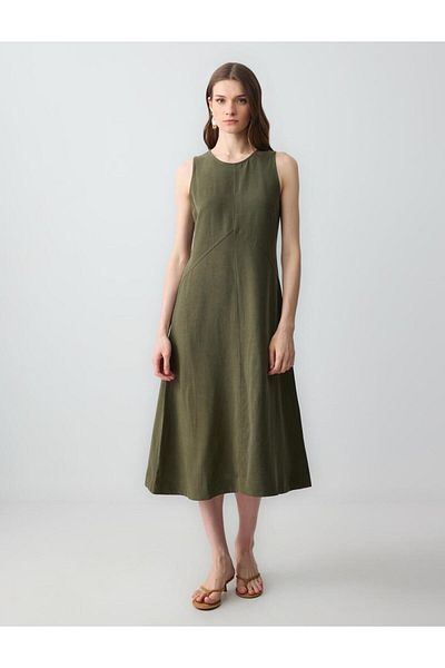 Jimmy Key Rochie midi din in, fără mâneci, cu decolteu rotund, kaki