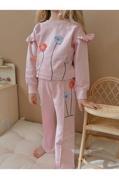 YİGİT BUTİK Floral Embroidered Ruffled Girl's Bottom and Top Set