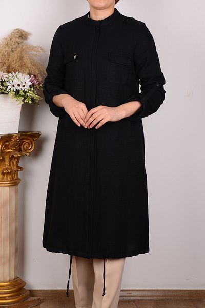 Armine 24yt411 Black Women's Comfortable Cut Elastic Bottom Front Zipper Front Pocket Detailed Tunic