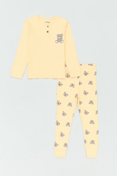 Fulla Moda Ribbed Teddy Bear Printed 2-Piece Girl's Set