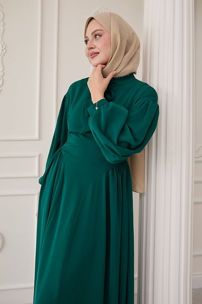 InStyle Σμαραγδένιο Πράσινο Φόρεμα με Ζώνη στο Γιακά και Μπαλόνι Μανίκια