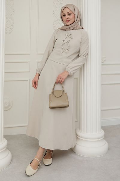 InStyle Stone Suit with Ribbon Detail Skirt